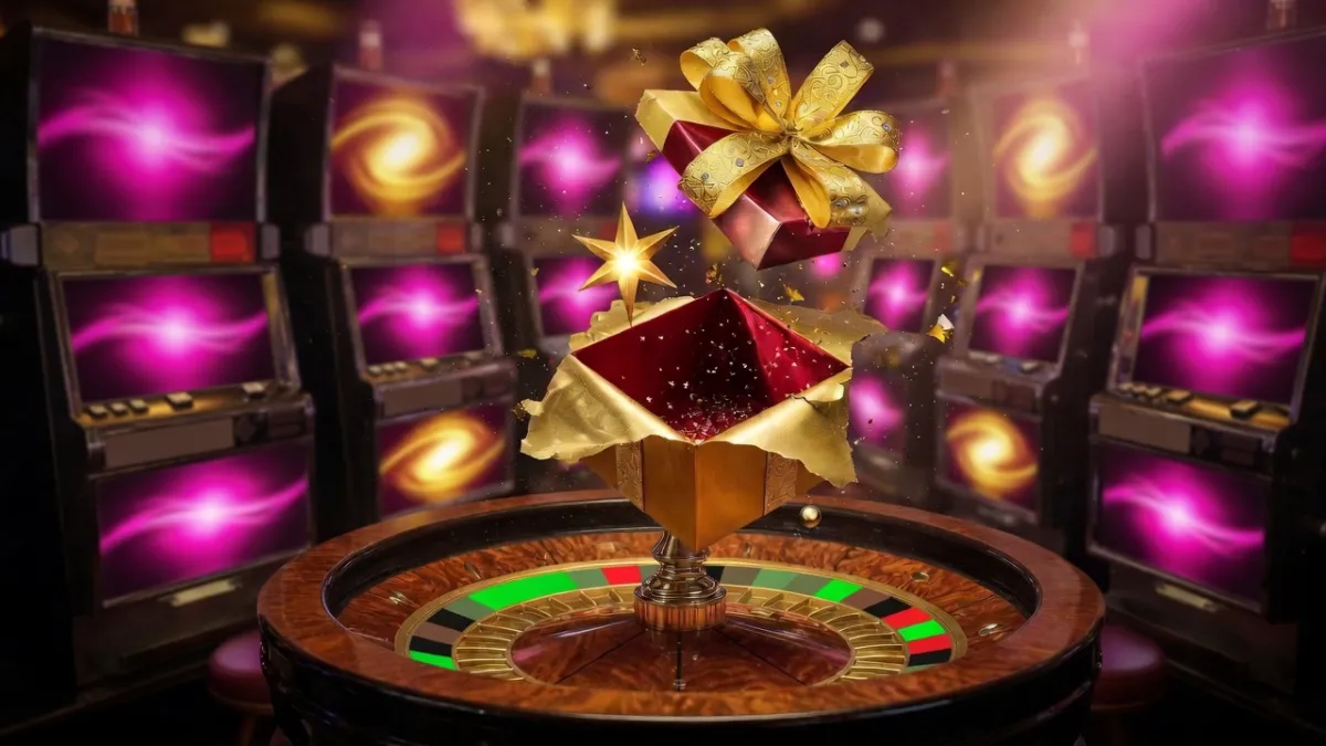 Gouden versieringen en een cadeau op een casinotafel met neonlichten op de achtergrond